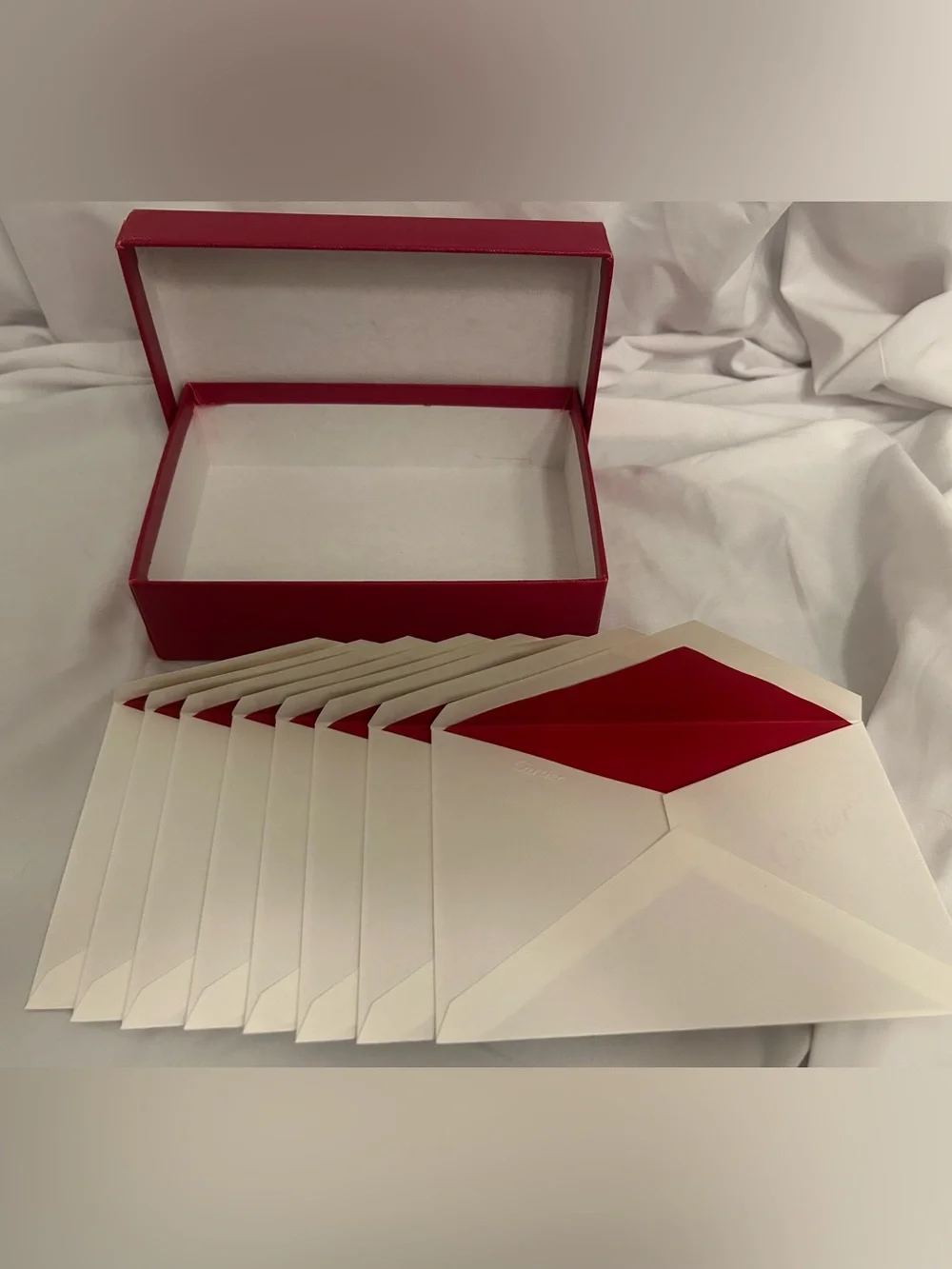 Cartier Red Box with 8 gorgeous red lined envelopes with embossed Cartier logo